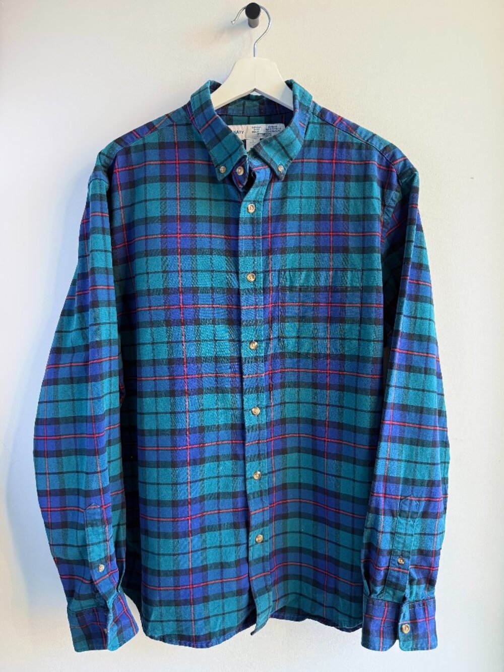 Old Navy Men's Plaid Flannel Button Down Shirt Built-In Flex Teal Blue L